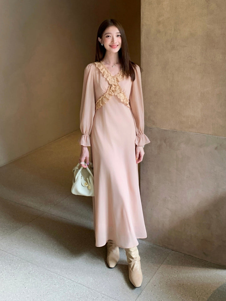 【dress】ギャザーフリルロングワンピース Q8933