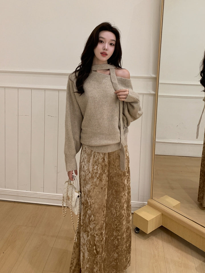 【tops】スカーフ付きニットトップス Q9241