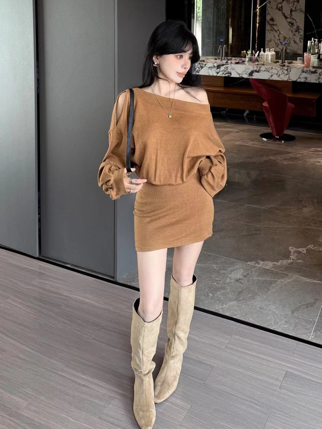 【dress】オフショルダーニットワンピース Q9198