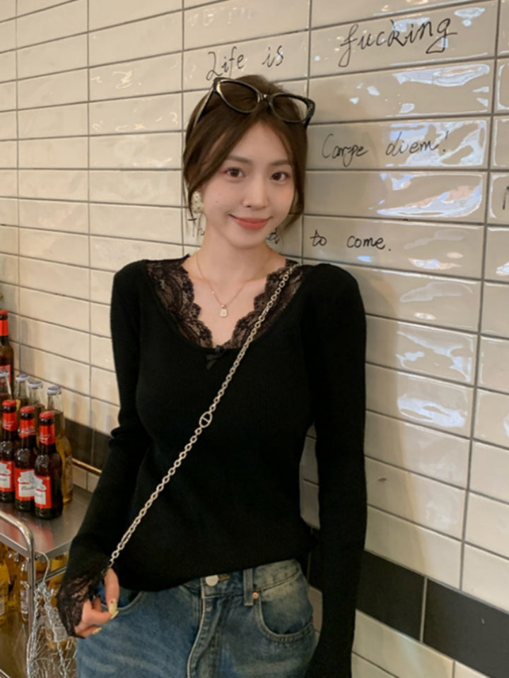 【tops】レースドッキングニットトップス Q9343