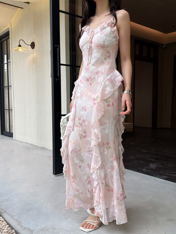 【dress】フラワー柄ギャザーフリルロングキャミワンピース Q8668