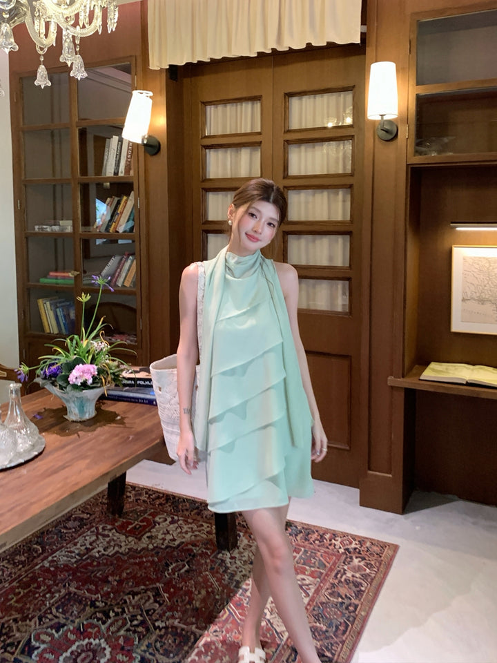 【dress】 スカーフネックシフォンティアードワンピース Q8882