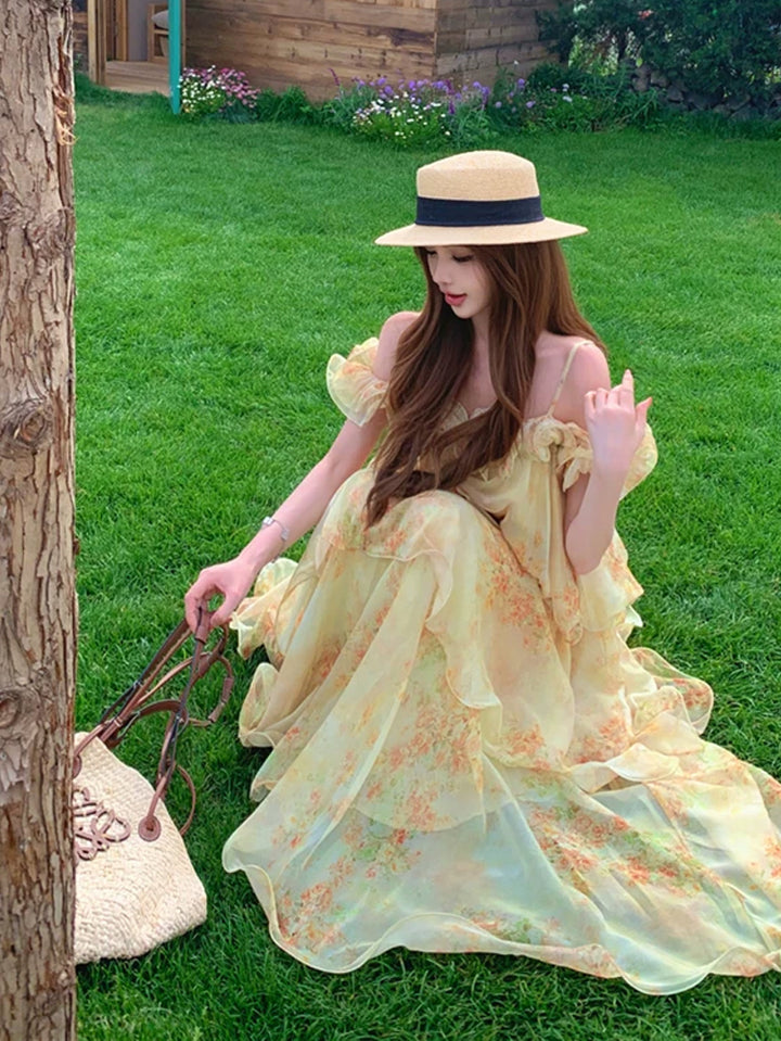 【dress】フラワー柄ロングティアードキャミワンピース Q8643
