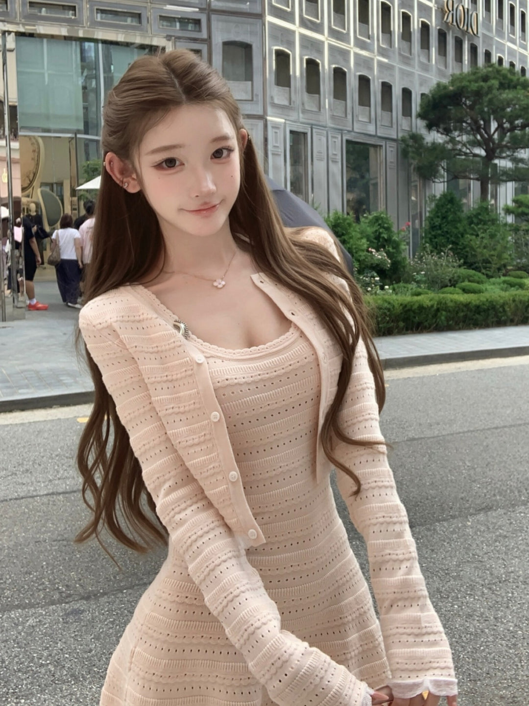 【set】透かしニットキャミワンピース×レースドッキングカーディガンセット Q9298