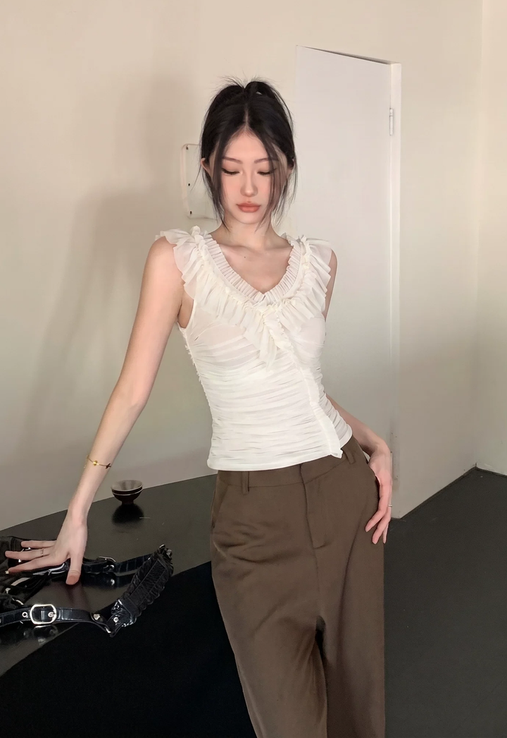 【tops】オフショルダーギャザーフリルトップス Q8583