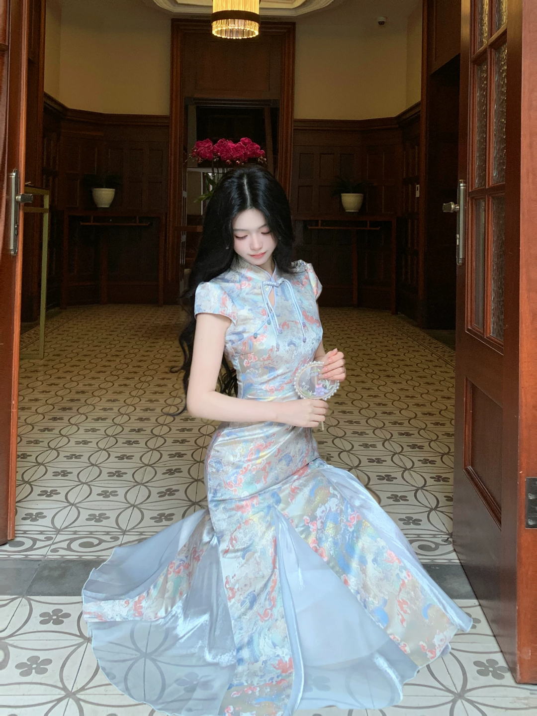 【dress】半袖サテンドッキングロングワンピース Q8542