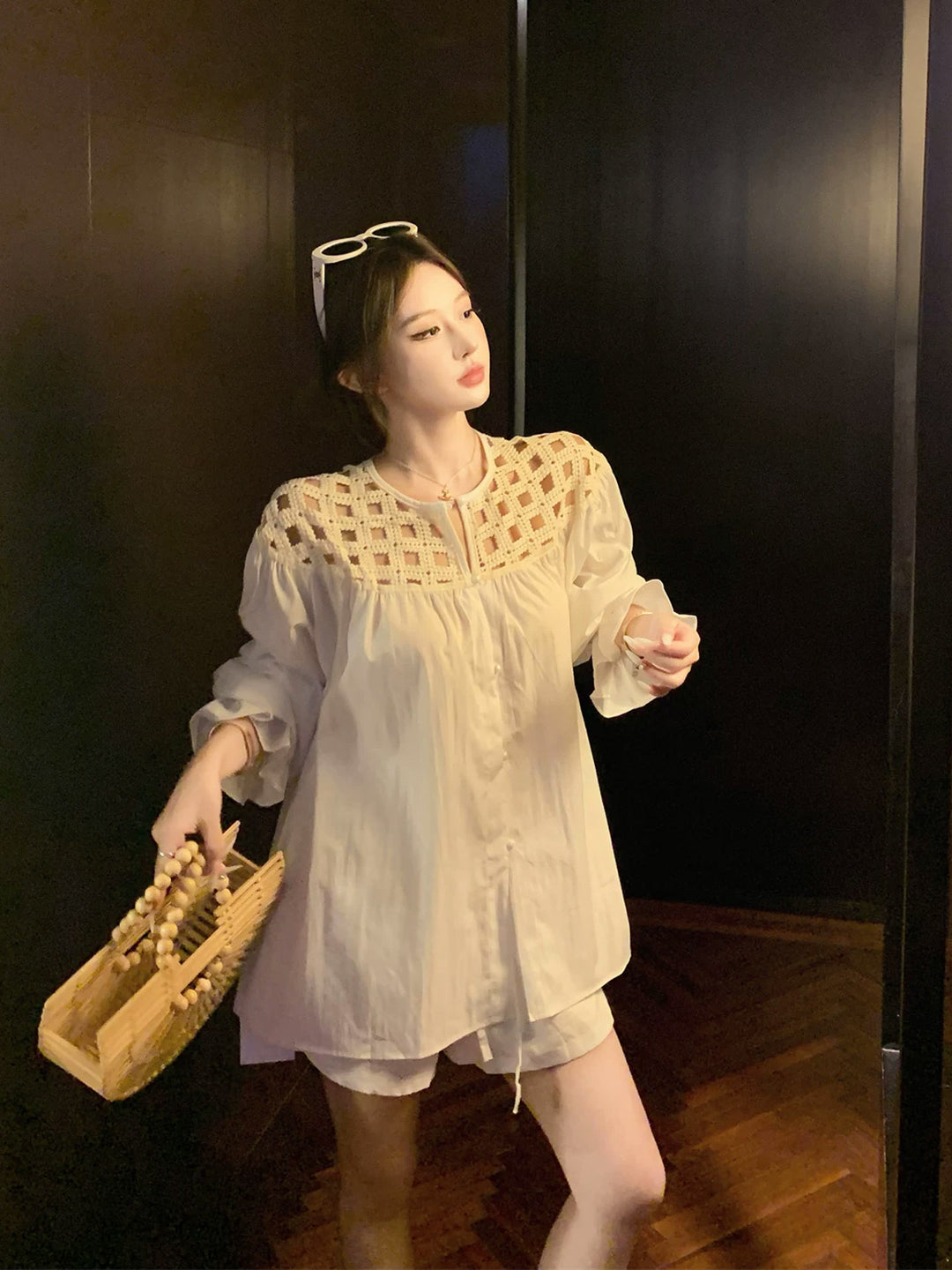 【set】透かし編みドッキングトップス×ショートパンツセット Q8638
