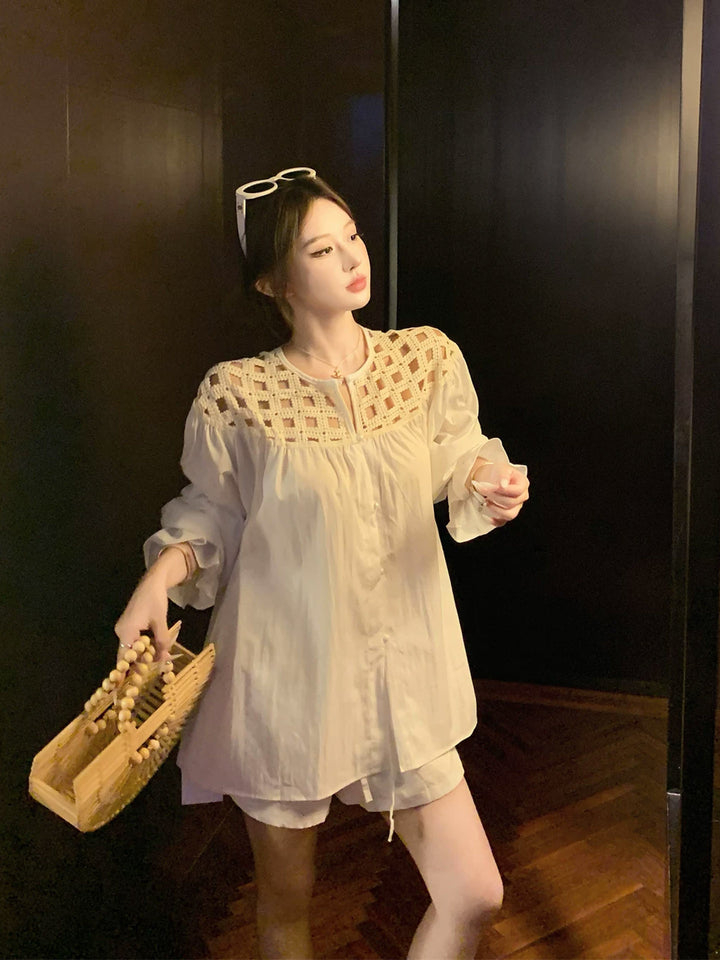 【set】透かし編みドッキングトップス×ショートパンツセット Q8638