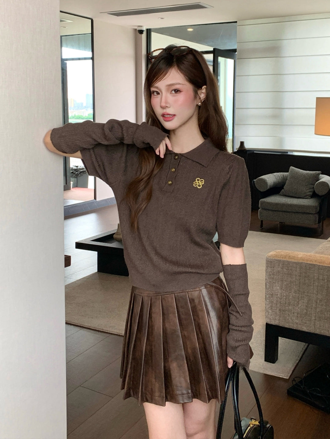 【tops】アームカバー付きニットポロシャツ Q8949