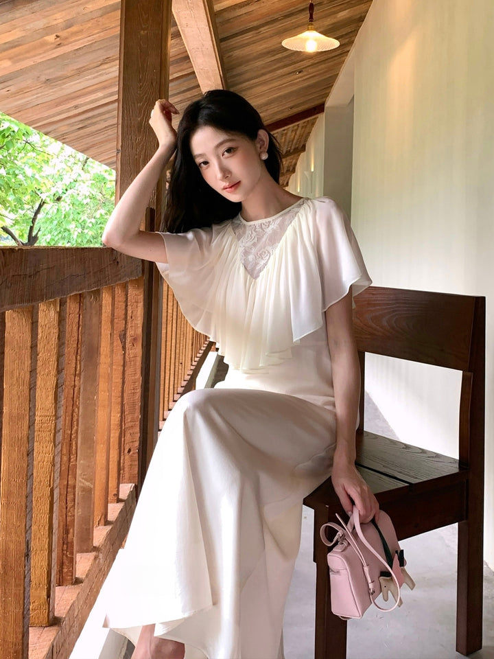 【dress】レースドッキングハンカチーフスリーブロングワンピース Q8675