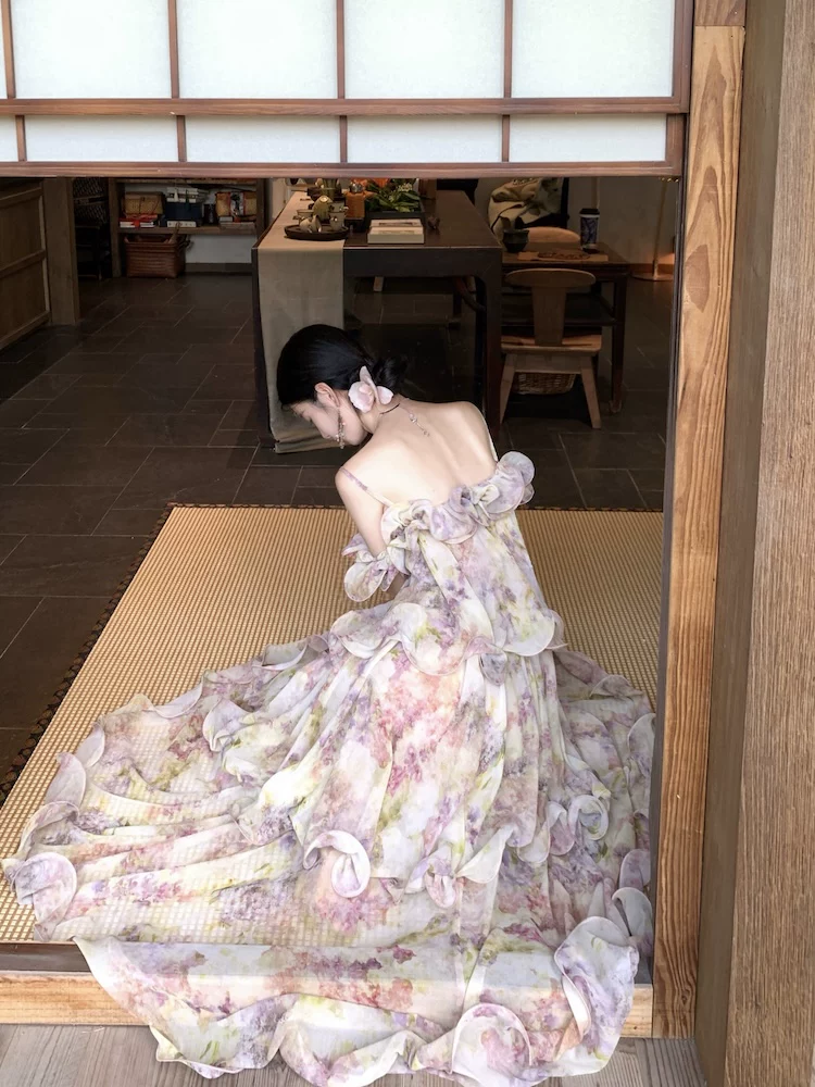 【dress】フラワー柄ギャザーフリルロングキャミワンピース Q8552
