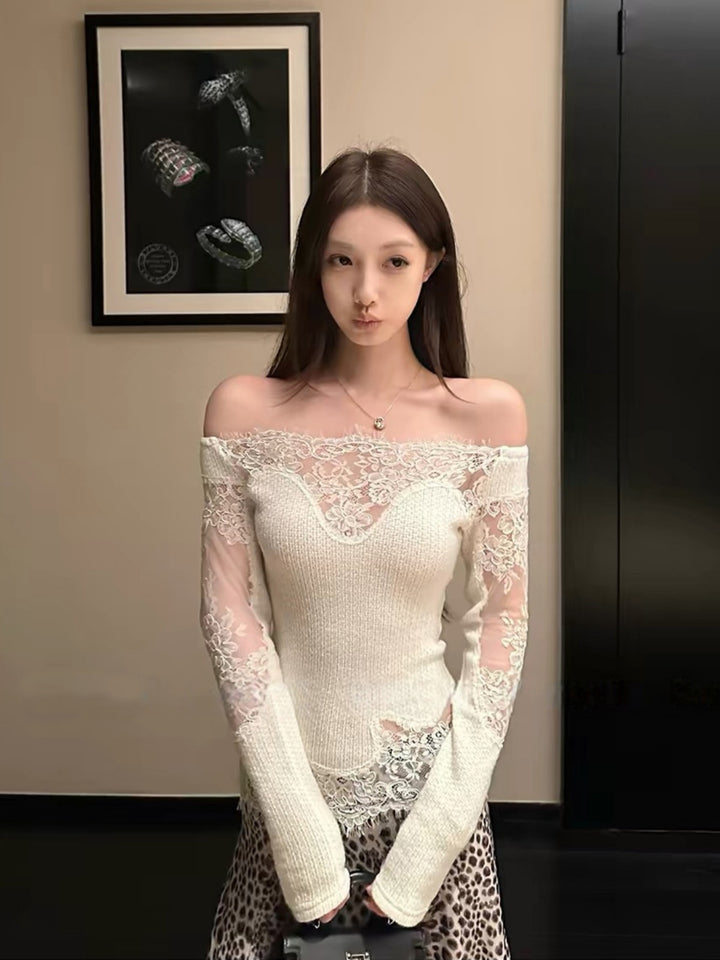【tops】レースドッキングオフショルダーニットトップス Q9320