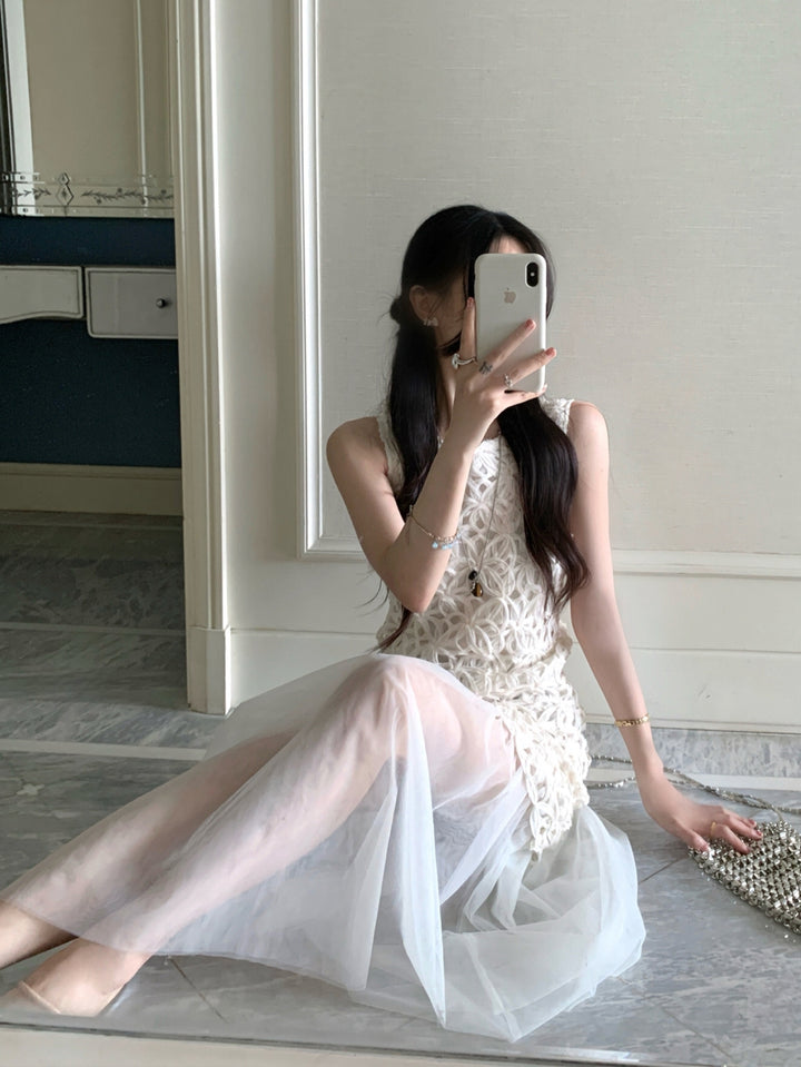 【dress】ノースリーブチュールドッキングロングワンピース Q8674