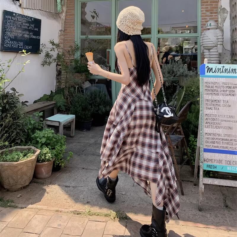 【dress】チェック柄イレヘムキャミワンピース Q8271