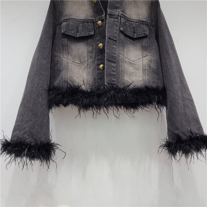 【outer】クルーネックファーデニムジャケット　M18125
