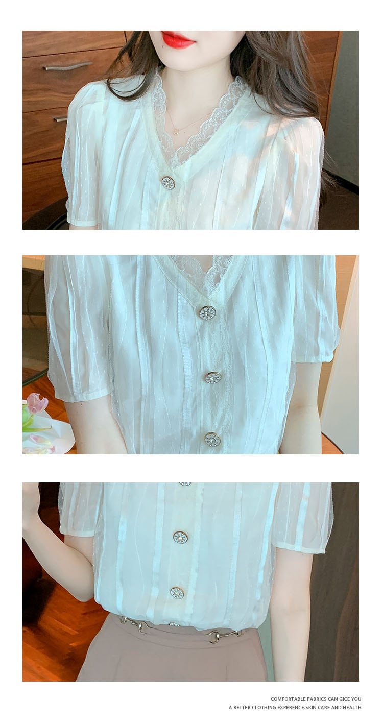 【tops】おしゃれ！Vネックレース切り替えシャツトップス　M17041
