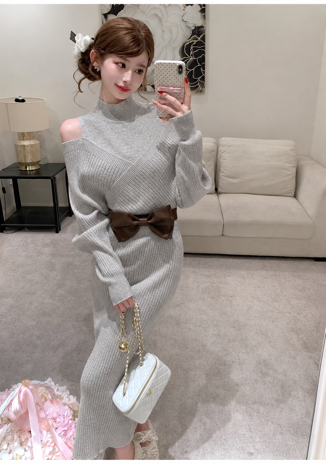 【dress】リボンベルト付きニットワンピース  N3871
