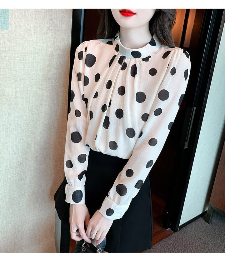 【tops】今季マストバイスタンドネックドット柄シャツ2色　M16882