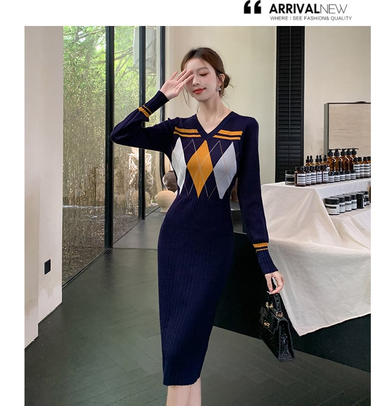 【dress】Vネックニットワンピース　M26546