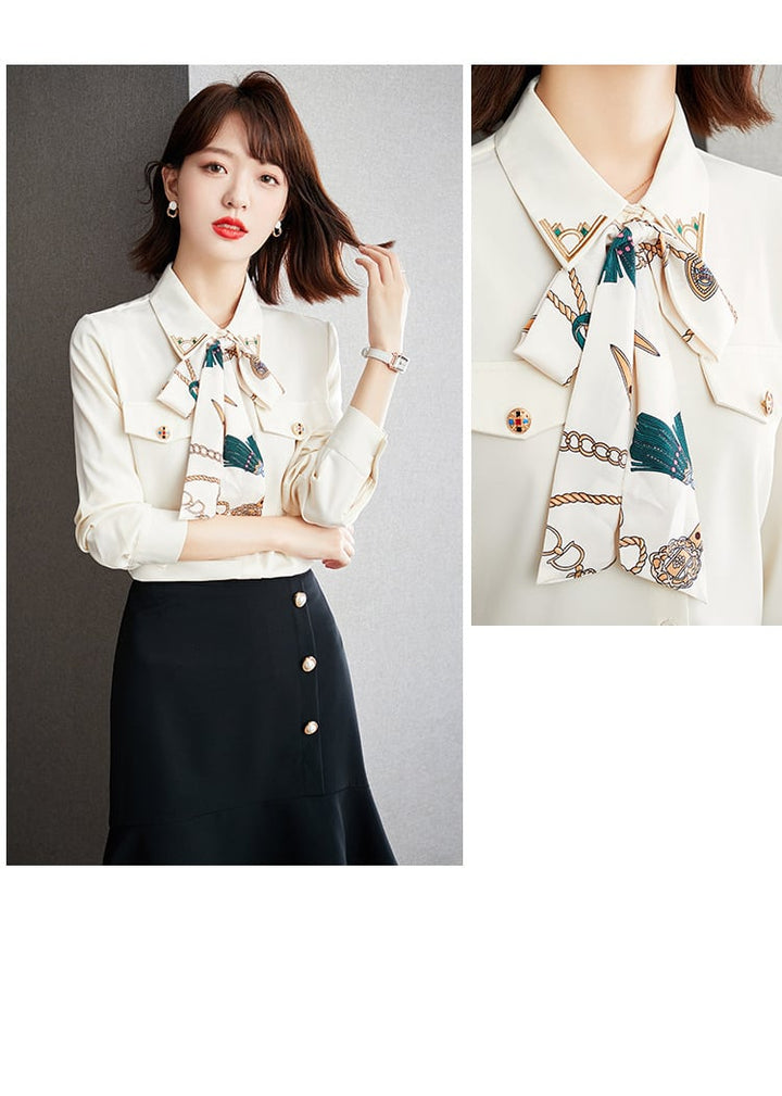 【tops】人気アイテム ! リボン付きプリントシャツトップス　M16842