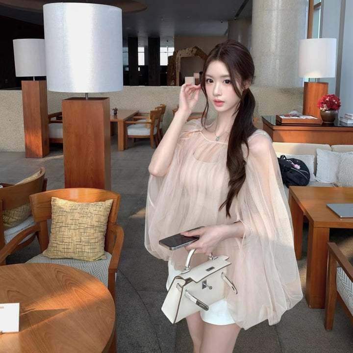 【tops】チュールフェイクレイヤードトップス Q8388