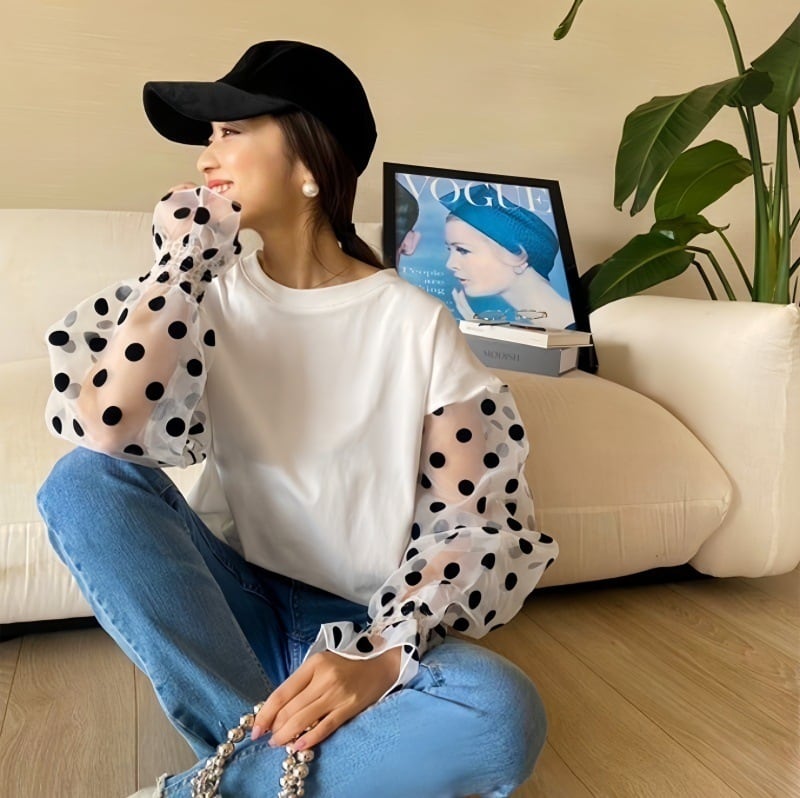 【tops】チュール切り替え長袖Tシャツ　M22604