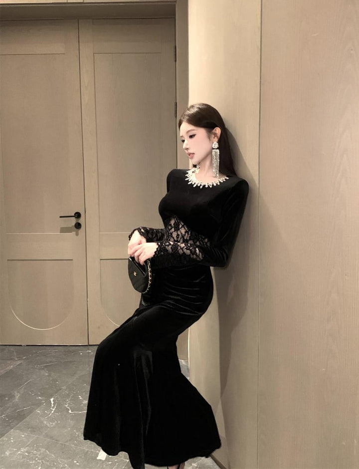 【dress】スパンコール付きレースドッキングベルベットワンピース Q7424