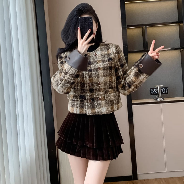 【set】チェック柄ショートコート×スカートセット　M27688