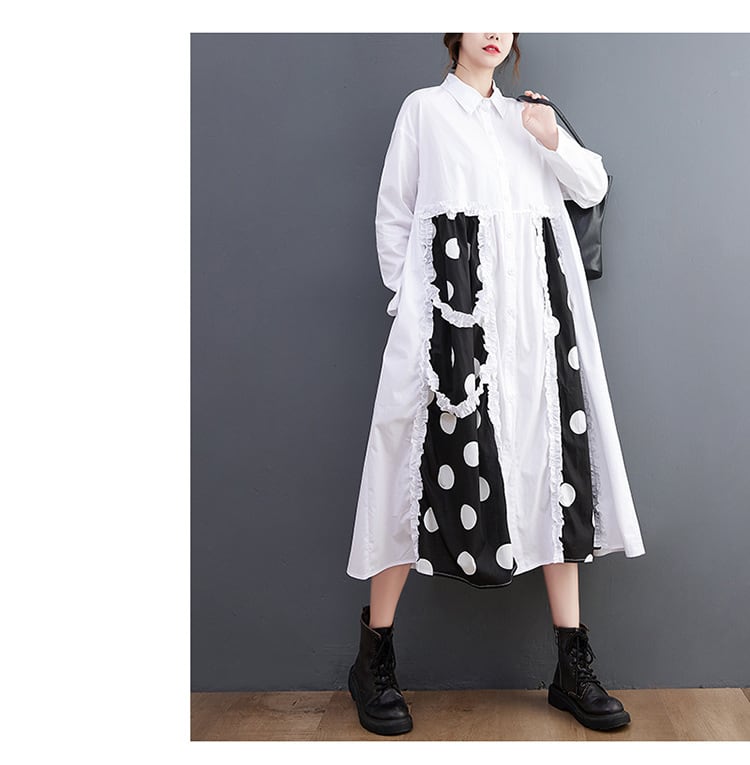 【dress】韓国系プリント切り替えシャツワンピースゆったり　M17448