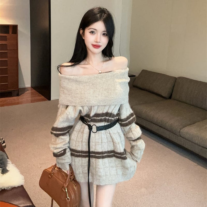 【dress】オフショルダーニットワンピース Q7110