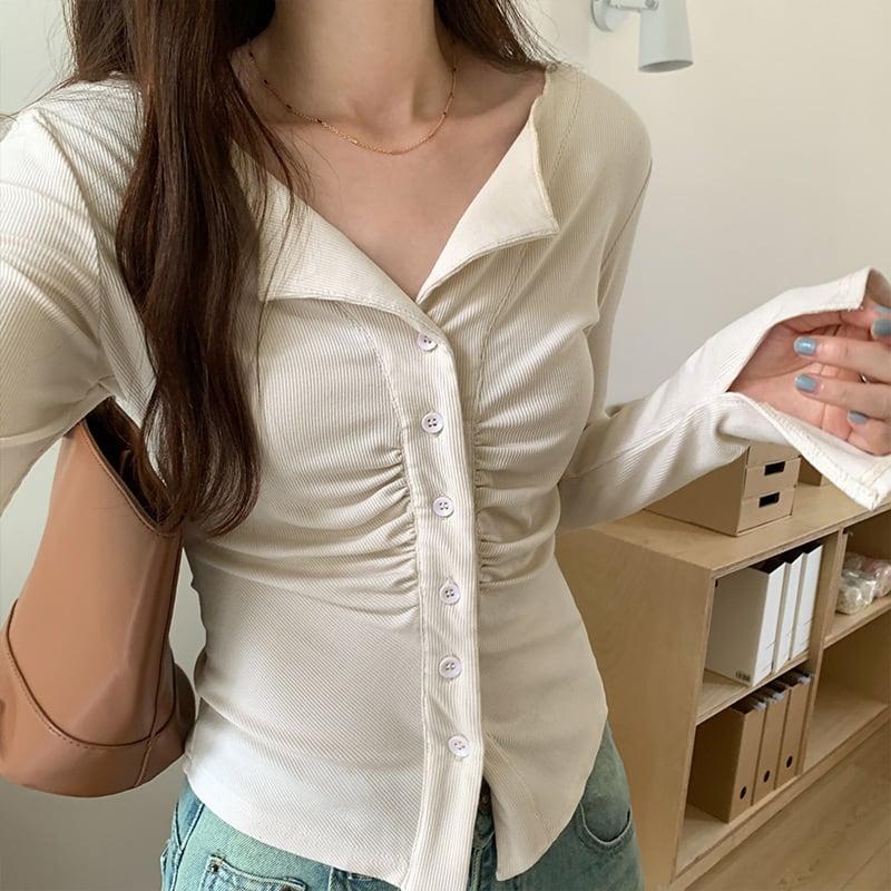 【tops】ボタンデザイン長袖Tシャツトップス　M18228