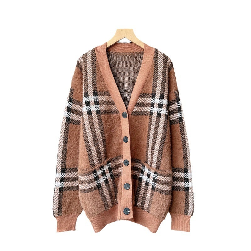 【outer】Vネックチェック柄ニットカーデ　M17929