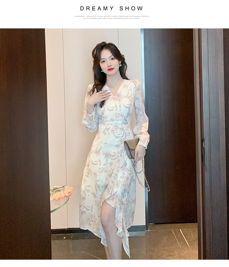 【dress】早い者勝ちVネックスリット花柄ワンピース　M17304