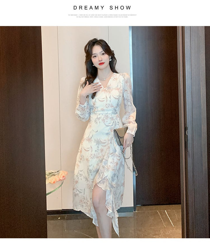 【dress】早い者勝ちVネックスリット花柄ワンピース　M17304