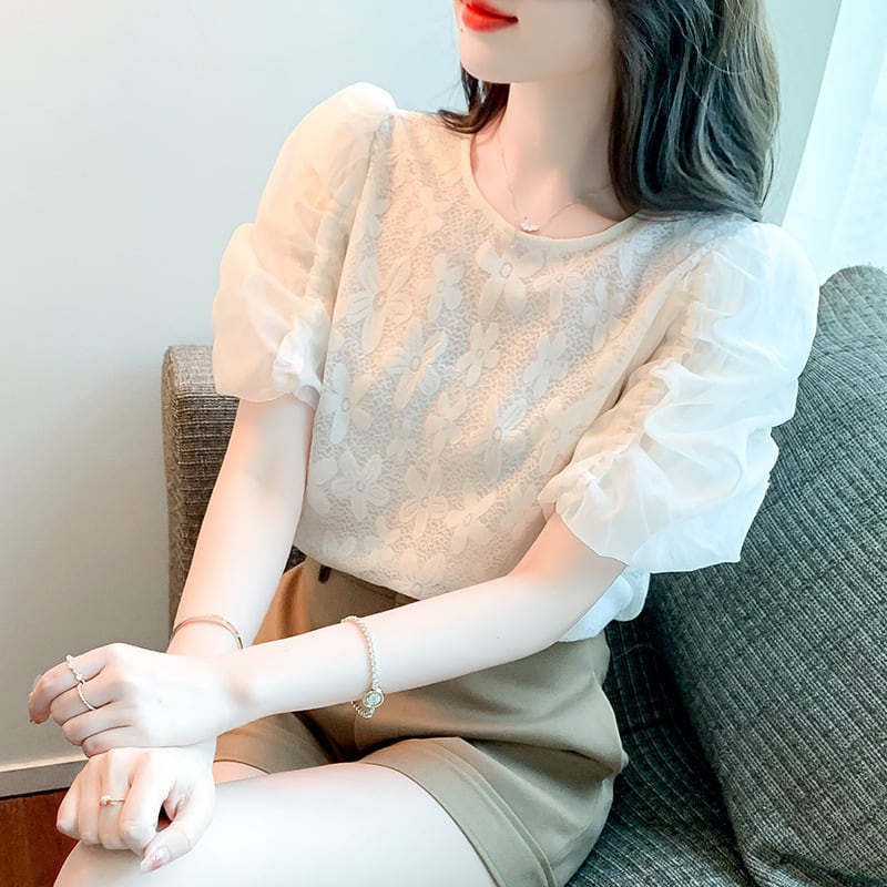 【tops】パフスリーブジャカードカットワークトップス　M17126