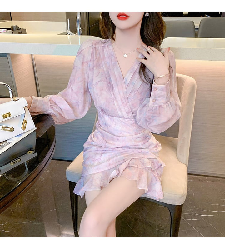 【dress】大人らしい Vネックマーメイド花柄ワンピース　M17259
