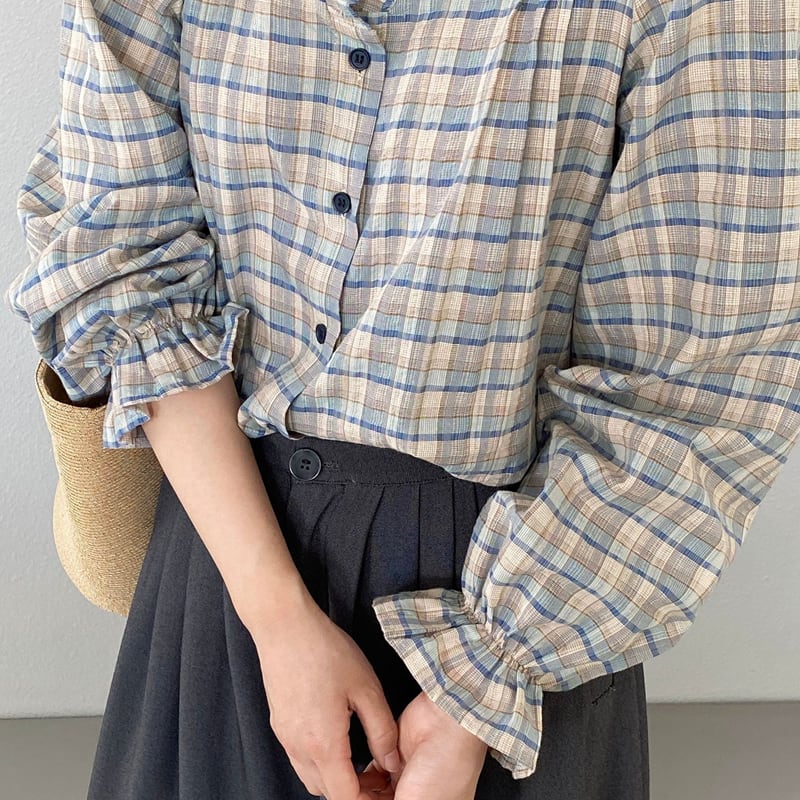 【tops】ギャザーフリル付きチェック柄トップス Q8281