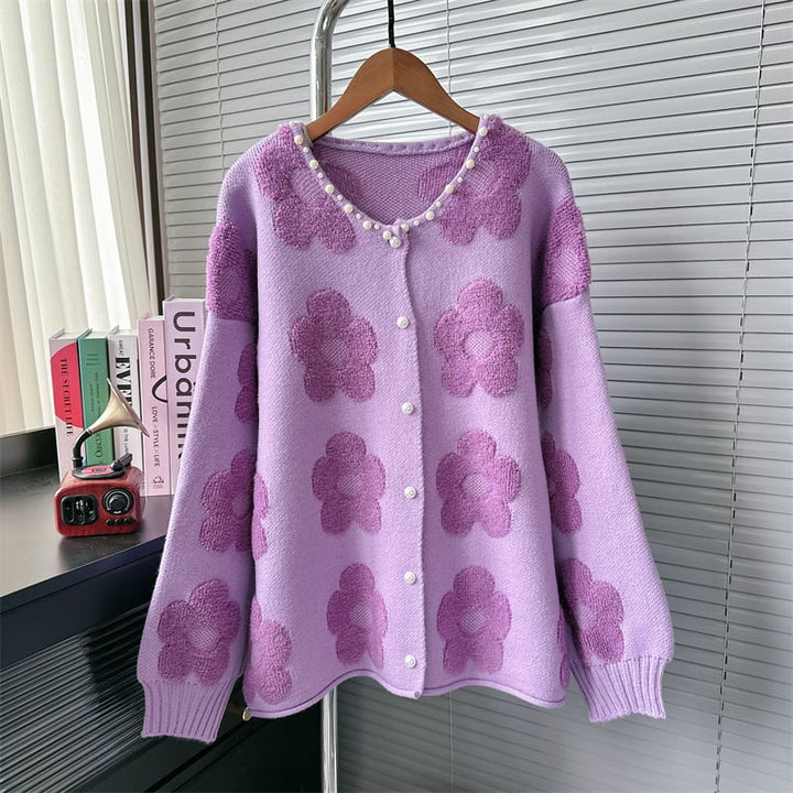 【outer】フラワーモチーフパール付きカーディガン　N2757