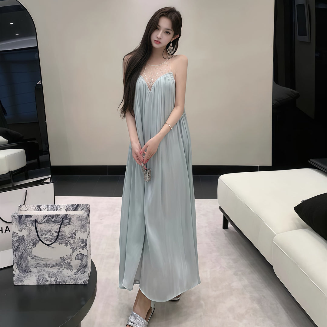 【dress】ラインストーン付きチュールドッキングロングワンピース Q8377