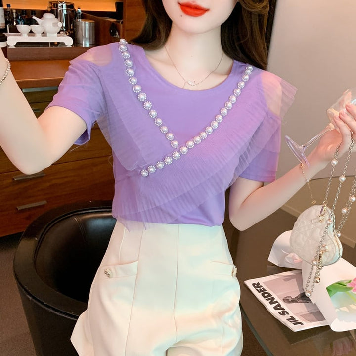 【tops】好感度UP 切り替えオフショルダーTシャツトップス　M16841