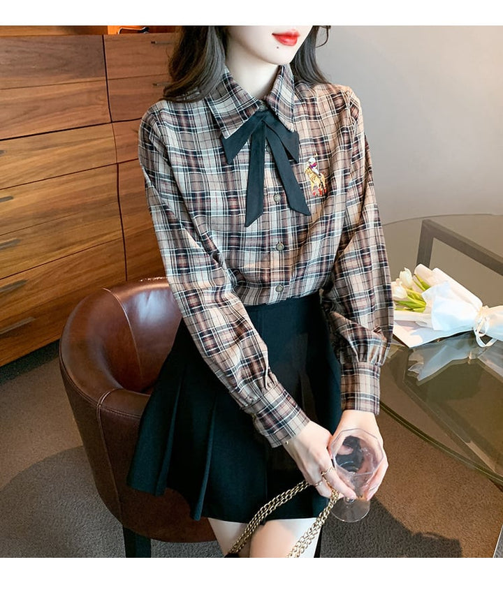 【tops】気質満点大人可愛いリボン付きチェック柄シャツ　M17329