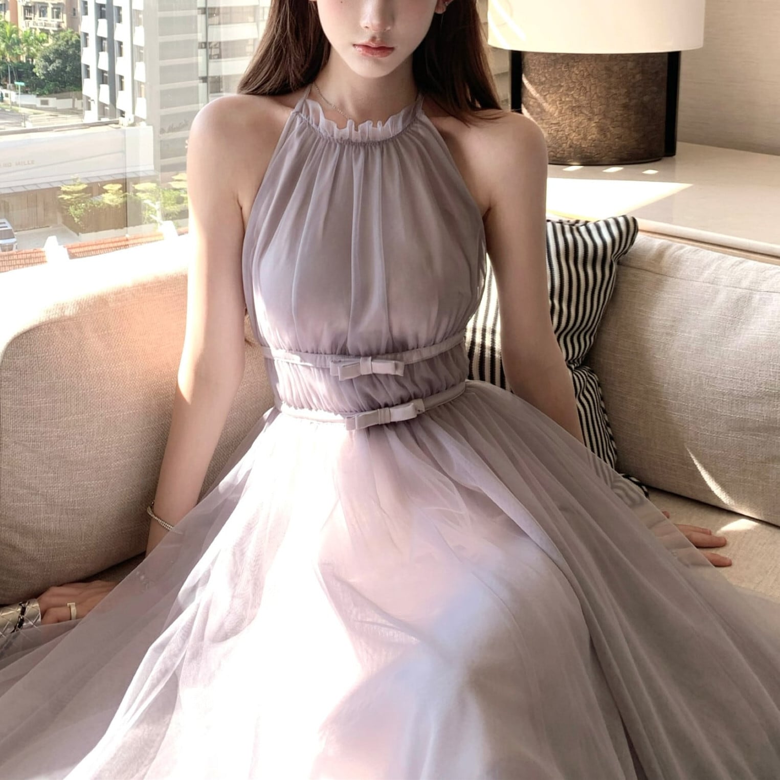dress】バックリボンチュールロングワンピース N3217 – NANASTYLE