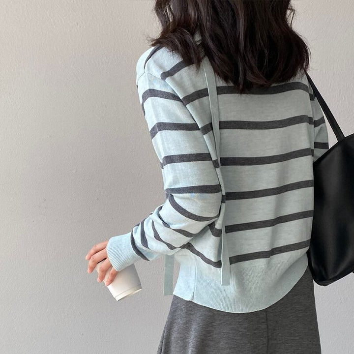 【tops】スカーフ付きボーダー柄ニットトップス Q8284