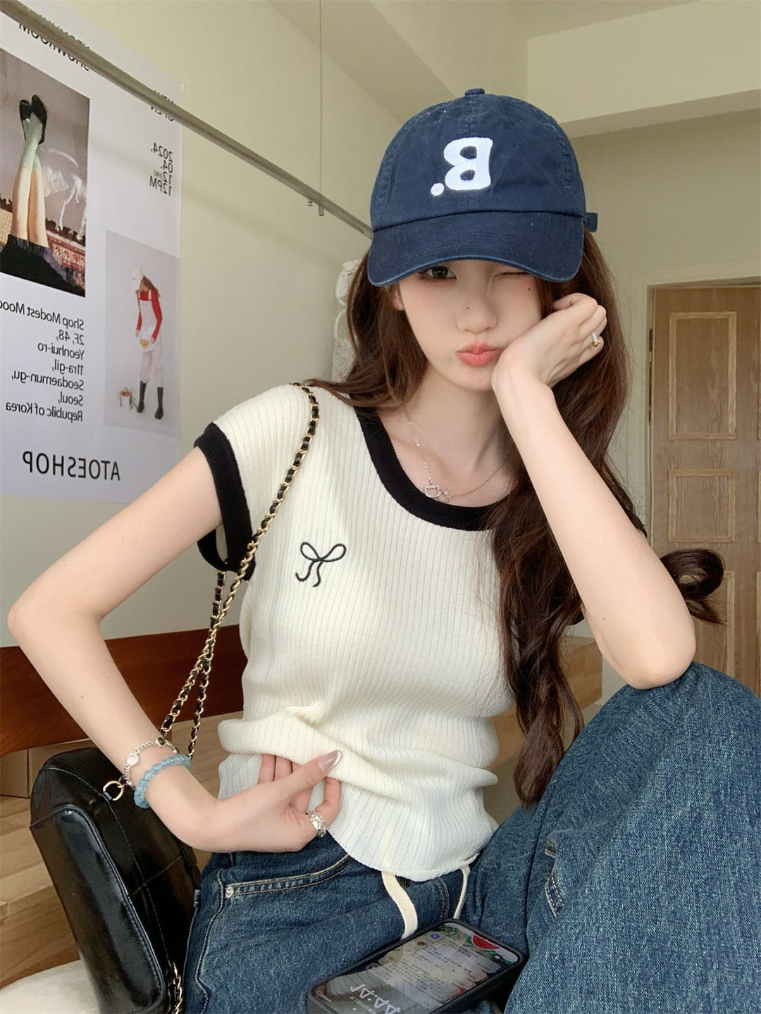 【tops】リボン刺繍ニットTシャツ　M25106