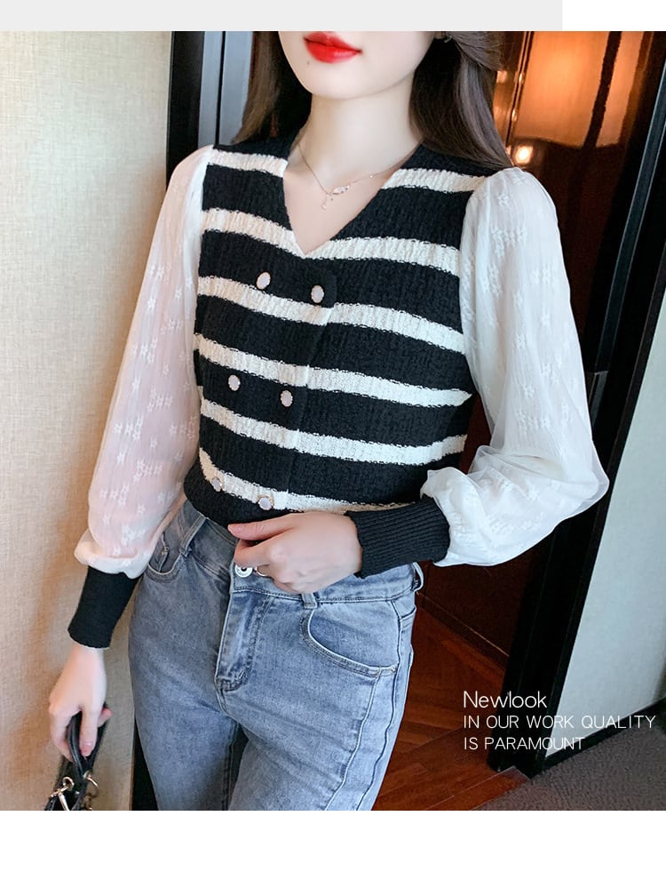 【tops】好感度UPエレガントボーダー柄切り替えトップス　M17270