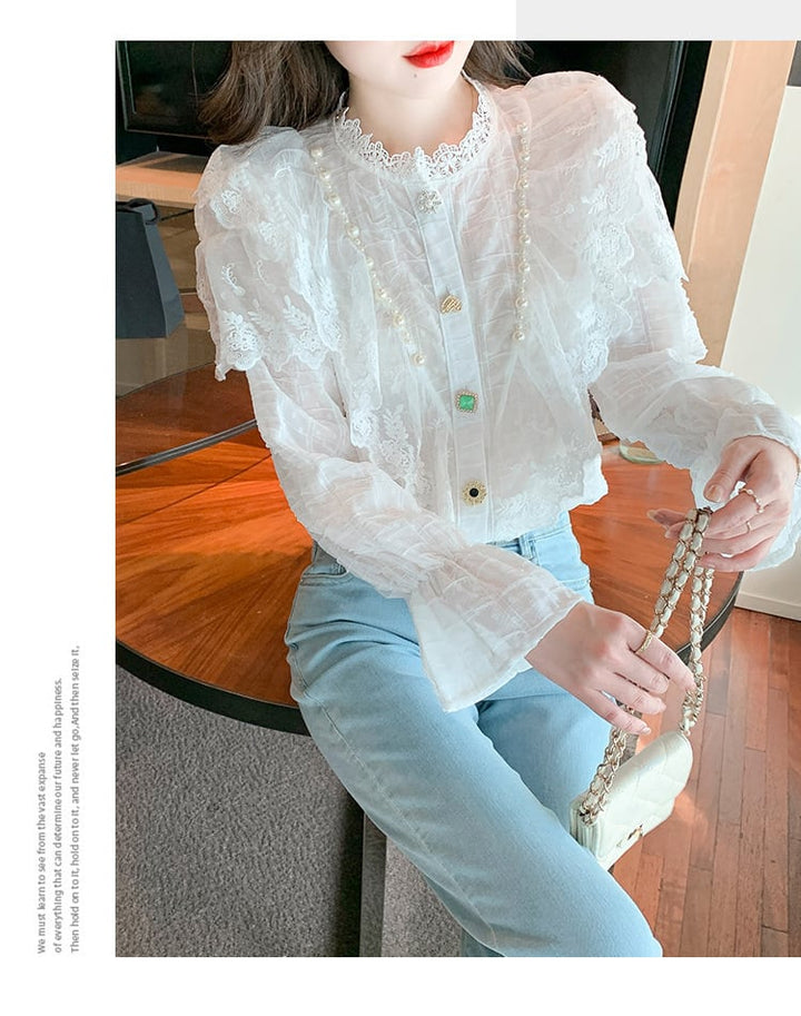 【tops】エレガントレース切り替えシャツトップス　M17378