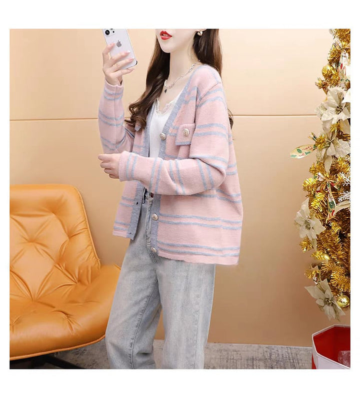 【dress】韓国系超人気ボーダー柄Vネックカーディガン　 M17553