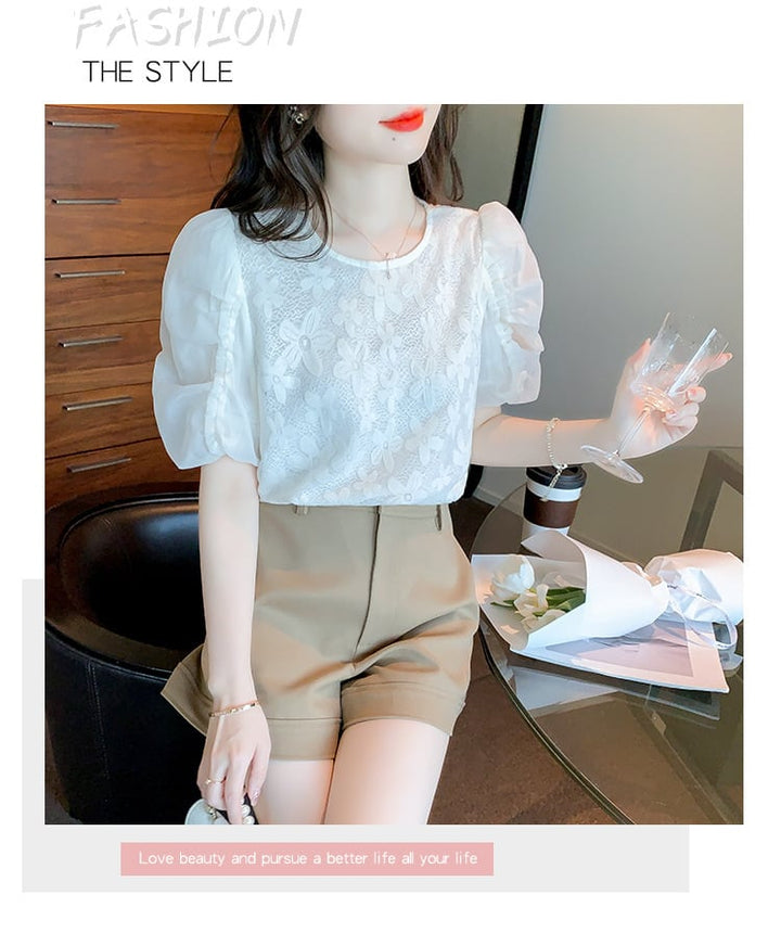 【tops】パフスリーブジャカードカットワークトップス　M17126