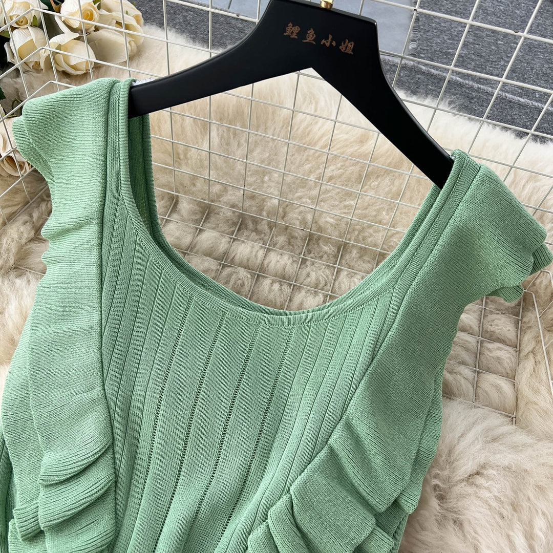 【dress】おしゃれ！フリル薄手ニットワンピース着瘦せ　M16865