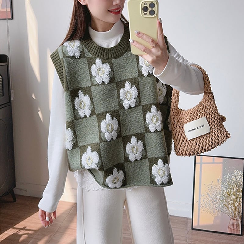 【tops】花柄ニットベスト Q8227